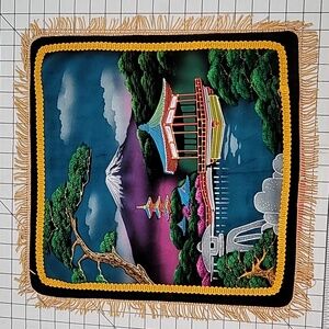 Vintage Asian Japanese Black Velvet Hand Painted PILLOWCASE SHAM‎ #1